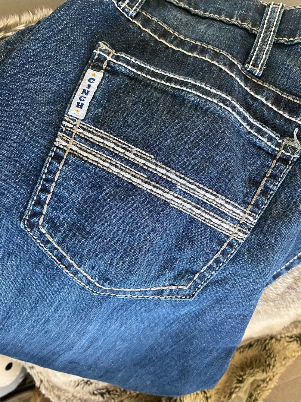 Cinch Men's Dark Blue Bootcut Jeans with White Contrast Stitching
